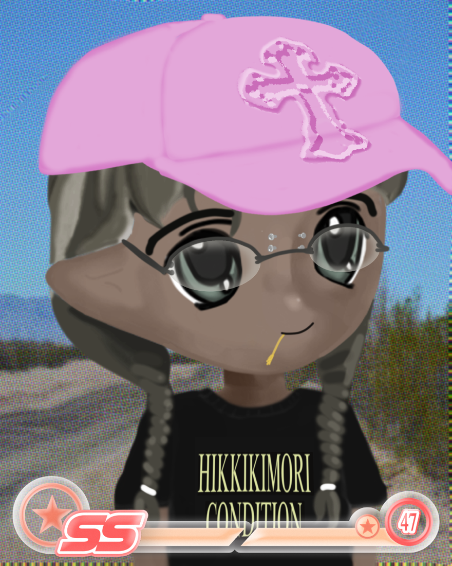 Avatar with pink cap and game-style overlay