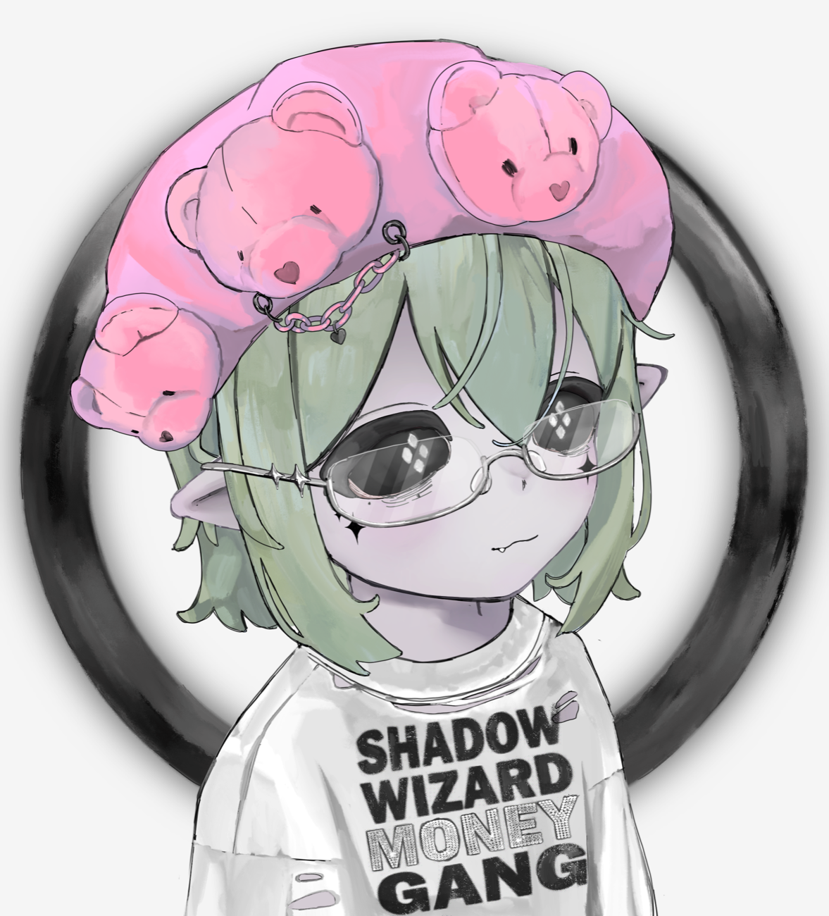 Green-haired avatar wearing a pink bear hat