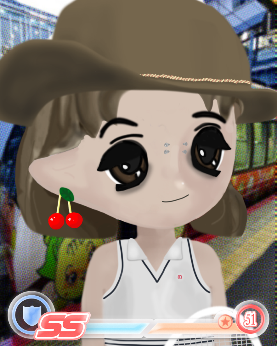 Avatar in cowboy hat with cherry earring and game overlay