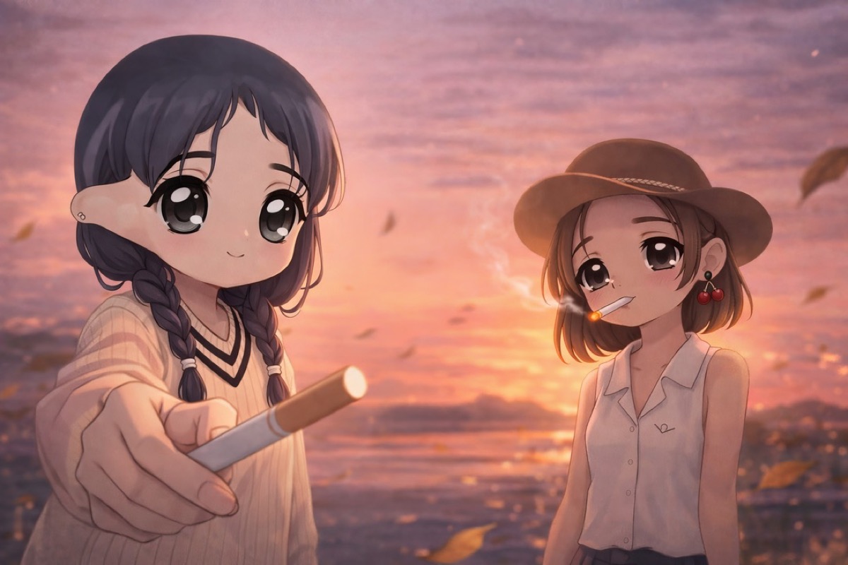Two anime characters at sunset near water